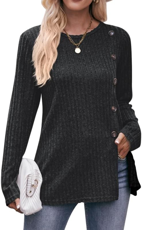 Women Long Sleeve Tops Tunics Buttons Front Slit