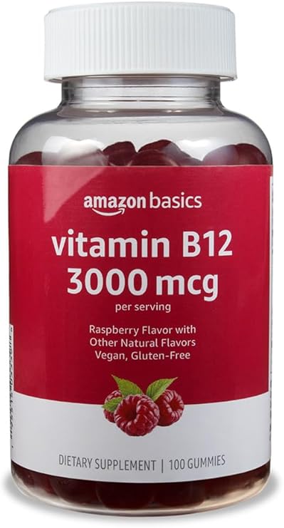 Amazon Basics Vitamin B12 3000 mcg Gummies, Normal Energy Production and Metabolism, Immune System Support, Raspberry, 100 Count (2 per Serving) (Previously Solimo)
