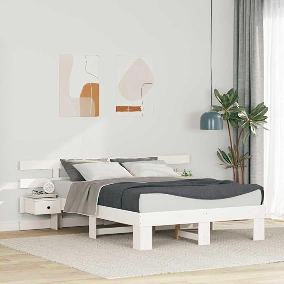 Bed Frame with Headboard, White, 135 x 190 cm, Solid Pine Platform, Slatted Frame for Bedroom, Easy to Assemble, Durable and Easy Care