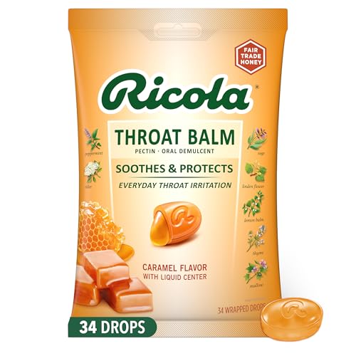Ricola Throat Balm Caramel Throat Drops with Liquid Center, 34 Count, Coat & Protect Your Throat, Daily Throat Relief & Protection, Oral Demulcent