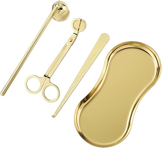 4 Pieces Candle Wick Cutter Extinguisher Kit with Storage Tray Stainless Steel Candle Care Tool Set Wick Trimmer Dipper- Golden