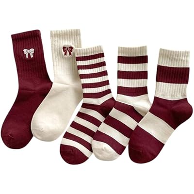 5-Piece Economic Package Claret Red-White Striped Ribbon Pattern Unisex Tennis Socks Set