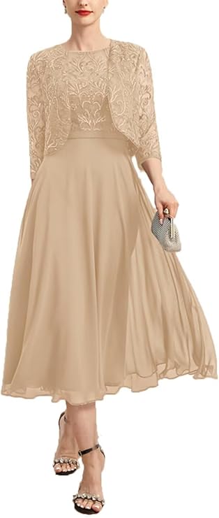 2 Pieces Mother of The Bride Dresses for Wedding with Lace Jacket Chiffon Ruffle Black Formal Evening Gowns Tea Length RA01
