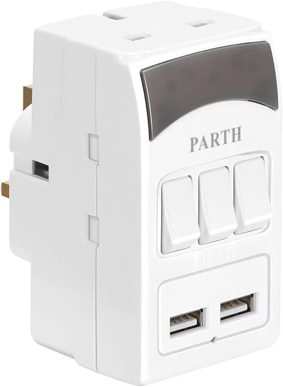 PARTH Plug Adaptor UK, 3 Sockets Power Extension Adapter, with 2 USB Ports | Triple Plugs,Individually Switched,3250w,13A,for Travel /Shaver/Electric Toothbrush,Wall Charger,for Space Saving