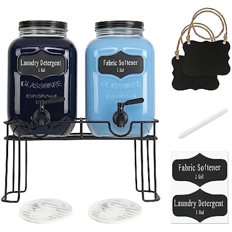 Laundry Detergent Dispenser 2X Fabric Softener  Liquid Soap Containers wSpout, Lid, Drip Mats and Stand 1 Gallon Glass Jars for Laundry Room OrganizationDecor - 2-Pack