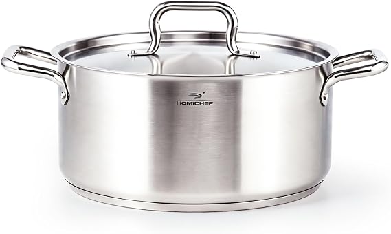 HOMICHEF Braiser Pan 8 Quart with Lid Nickel Free Stainless Steel - Matte Polished Braiser with Stainless Steel Lid - Heavy Weight Braising Pan Non Toxic Induction
