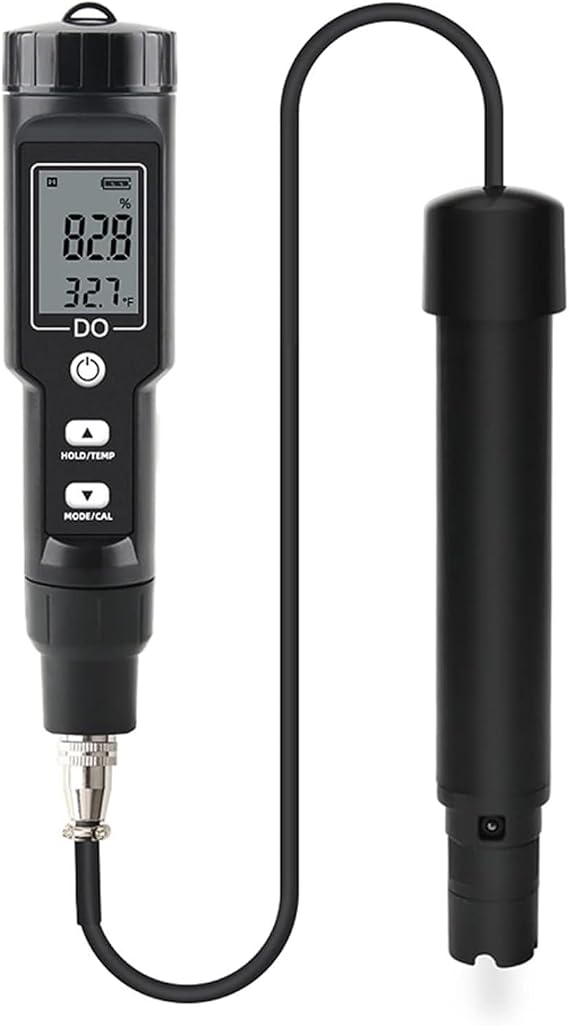 Dissolved Oxygen Meter with Automatic Temperature Compensation and Dual-Point Calibration, Plastic Construction with 6 Probe Covers for Pools, Aquariums, Drinking Water,
