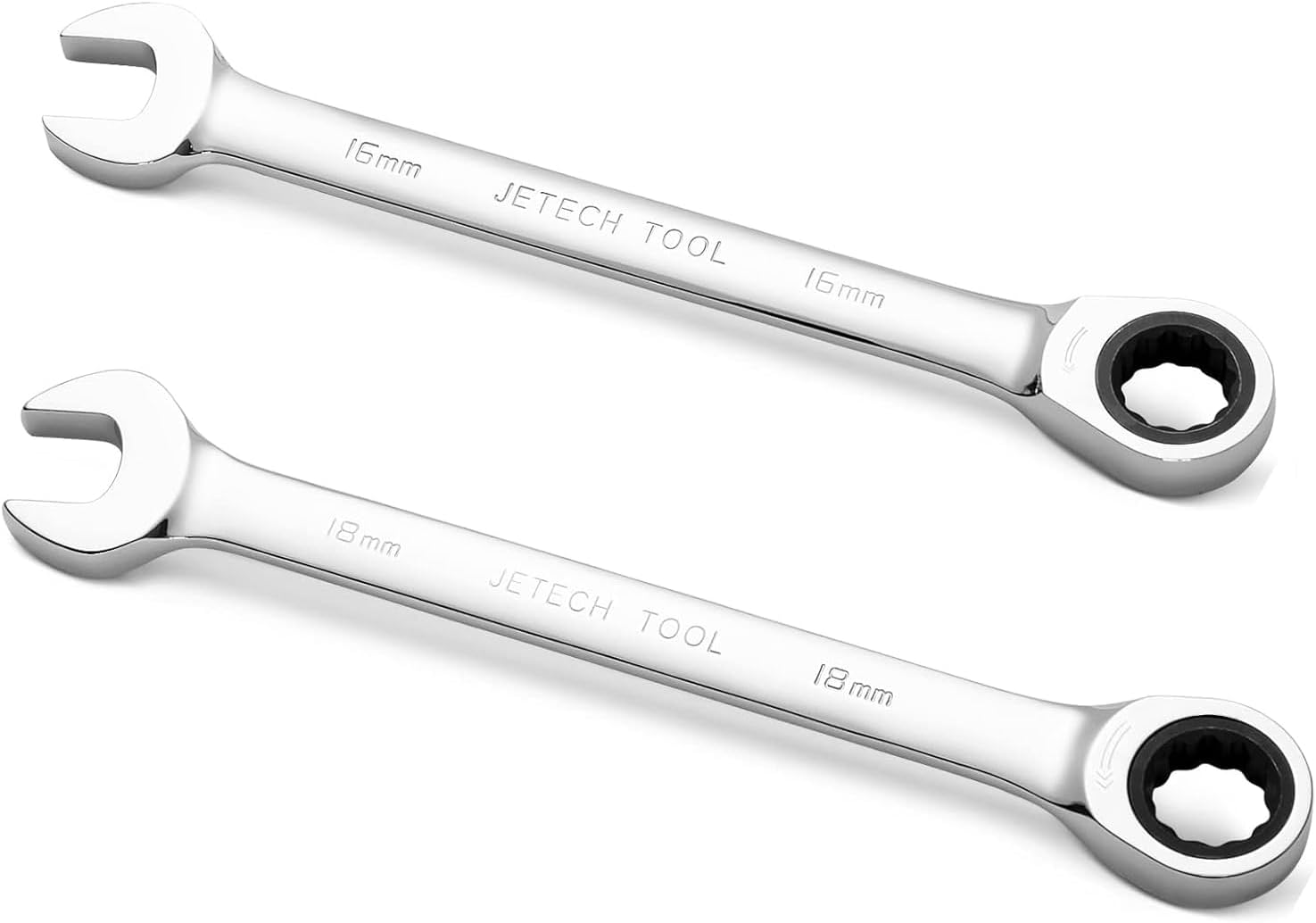 Jetech 2PCS Ratcheting Combination Wrench Set 16mm and 18mm, Industrial Grade Gear Spanner with 12-Point Design, 72-Tooth Ratchet, Made with Heat-Treated Cr-V Steel in Chrome Plating, Metric