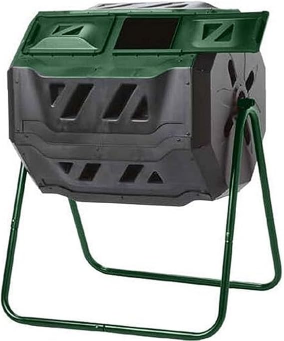 Exaco Trading Company Exaco Mr.Spin Compost Tumbler - 160 Liters / 43 Gallon, Dual Chamber Composter On Two-Leg Stand,Green/Black
