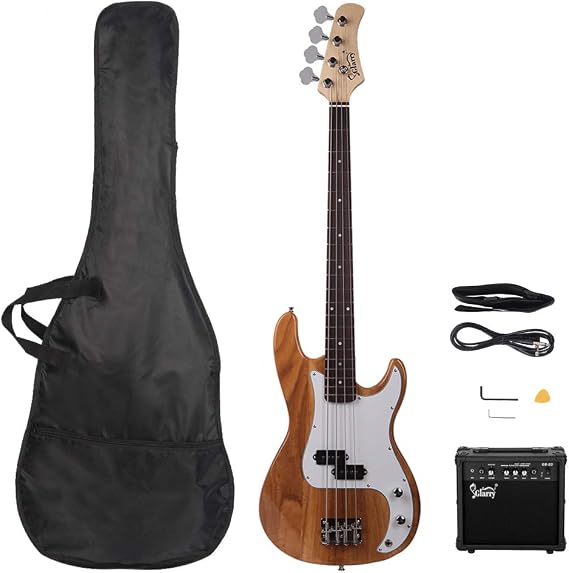 4 String Electric Bass Guitar, Full Size Standard Right Handed Beginner Kit with 20W AMP, Gig Bag, Strap, Spanner Tool (Wood Color)