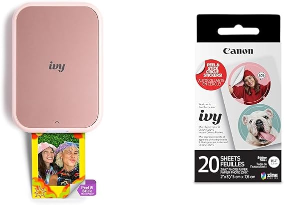 Canon IVY 2 Mini Photo Printer, Print from Compatible iOS & Android Devices, Sticky-Back Prints, Blush Pink + ZINK Pre-Cut Circle Sticker Paper 20 sheets Pack