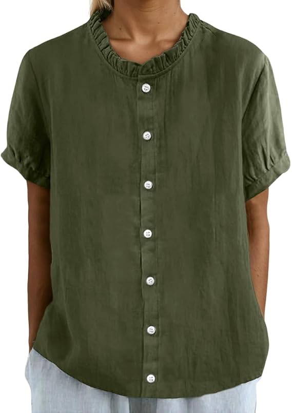 Cotton Linen Shirts for Women 2025 Summer Casual Button 3/4 Sleeve Tops Solid Crewneck Blouses Tunic