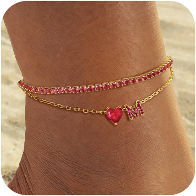 Ankle Bracelets for Women Gold Initial Anklet For Women Waterproof Dainty Adjustable Tennis Ankle for Summer Beach Jewelry (M-cz-red)