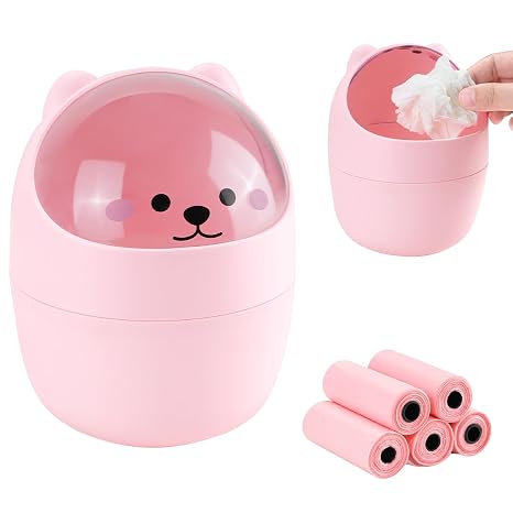 Portable Pink Mini Lidded Desktop Trash Can