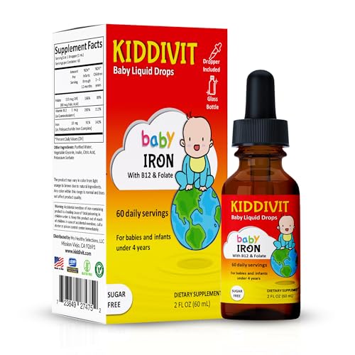 Baby Iron Liquid Drops with Vitamin B12 & Folate Gentle Iron Support Supplement 60 Daily Servings, Inulin Fortified Prebiotic Fiber Sugar Free, Gluten Free, Vegetarian, 2oz