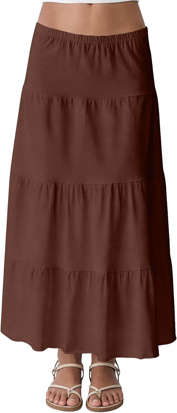 Maxi Skirt Summer Casual Tiered Elastic High Waisted A Line Lightweight Pleated Long Flowy Skirt Spring Boho Skirts