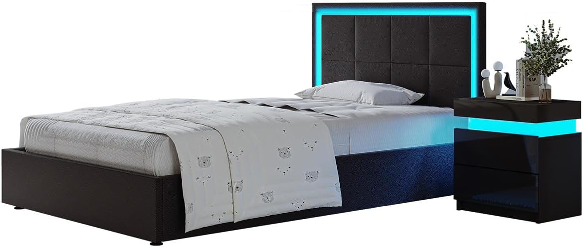 Bed Frame with Storage, 3FT Single Faux Leather Bed, Ottoman Gas Lift Storage Bed Frame, LED Single Size Bed for Bedroom Home, Black