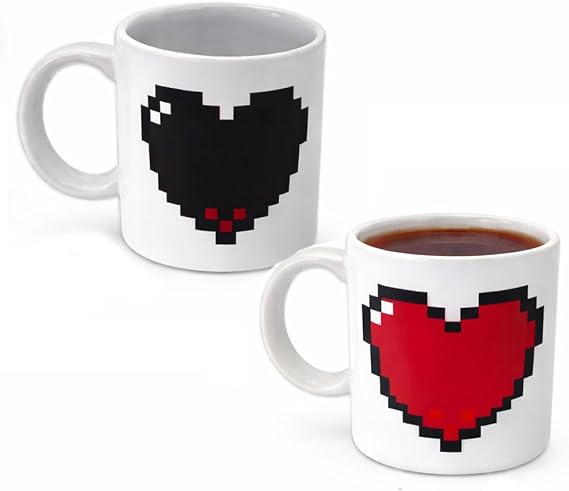 XO Color Changing Heart Mug 11 oz Heat Reveal Coffee Cup with Pixel Heart Design, Valentines Day Gift for Mom, Wife, Girlfriend or Everyday Use