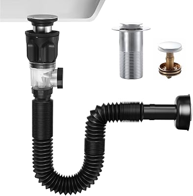 Bathroom Sink Drain Kits with Flexible Expandable P-Trap Sink Drain Pipe, Fits 1-14,1-12and 2 Holes,Chrome