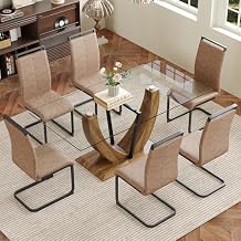 71" Glass Dining Table Set for 6, 7 Piece Dining Table Set,Tempered Glass Table Top with U-Shaped Legs and Upholstered Dining Chairs,Ideal for Kitchens, Living Rooms (Brown Chair, 1 Table+6 chairs)