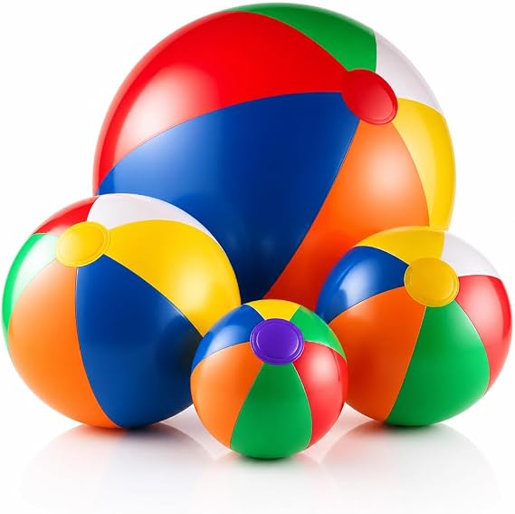 Inflatable Beach Balls (4-Pack) Rainbow Pool Ball Toys in 4 Assorted Sizes