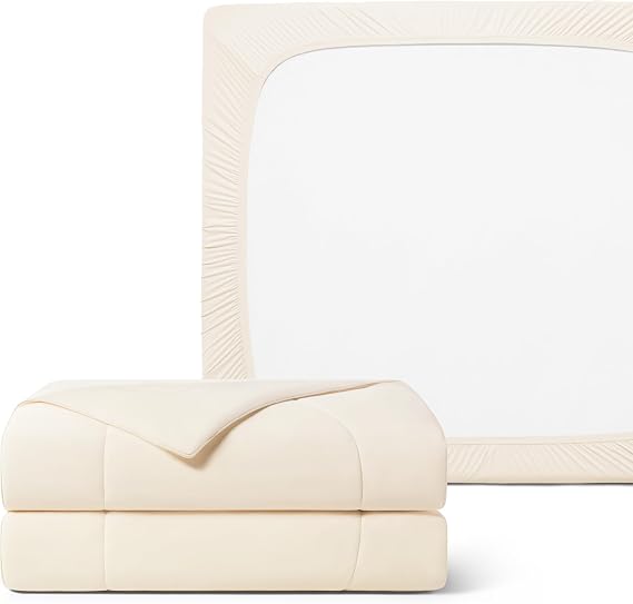 REST Buy 2 GET 30 Percent Off: Evercool Comforter Plus Fitted Sheet Bundle at 30% Discount, in Snow Ivory, Twin Size