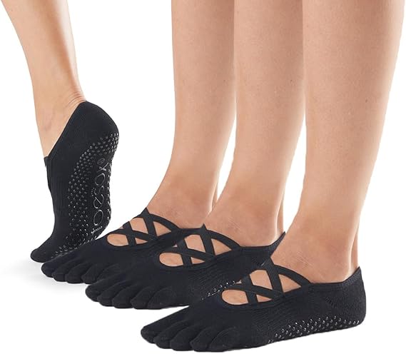 toesox Elle Full-Toe Grip Socks Multi-Pack - Pilates Socks with Non-Slip Grips, Five Toe Design, Wear for Yoga, Barre