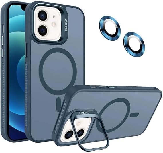 MADNOVA iPhone 12 için Kılıf Kamera Korumalı Magsafe Wireless Şarj Özellikli Lens Hediyeli Mat Şeffaf Renkli Standlı Kılıf (LACİVERT)