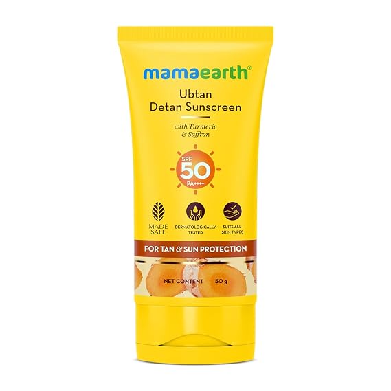 MAMAEARTH Ubtan Detan Sunscreen with SPF 50 & PA++++ | Broad Spectrum Protection | Helps Reduce Tanning with Turmeric & Saffron | Non-Greasy & Lightweight | 1.76 Oz/50g