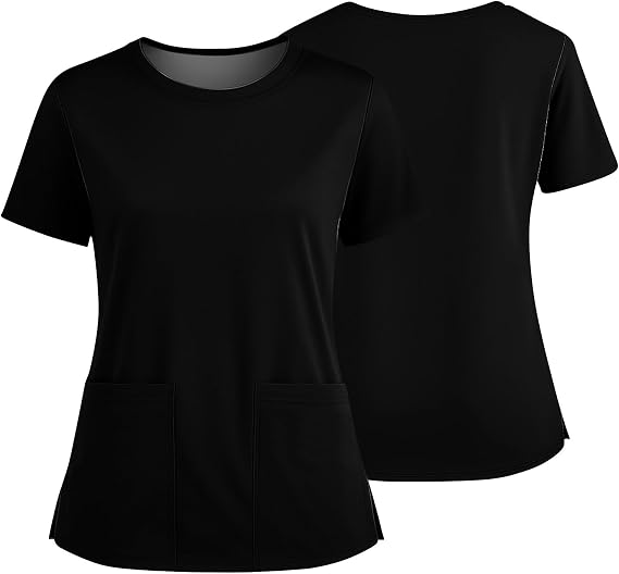 Women's Workwear Scrubs Round Neck Top Classic Fit Solid Color Uniform Work Blouse Loose Workout Pullover Blouse