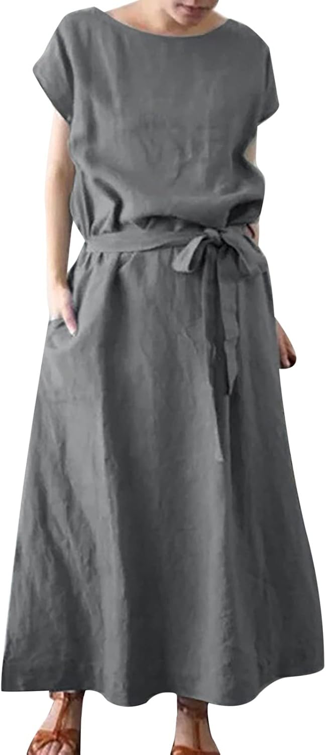 Ladies Spring Summer and Autumn Solid Color Fashion Loose Bohemian Short Sleeve Round Neck Midi Dresses Plus Size