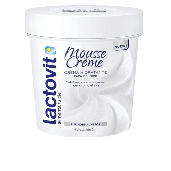 Lactovit Mousse Creme, Crema Hidratante para la Cara y el Cuerpo Para Piel Normal a Seca, Nutritiva y Ligera, 8.5 oz (250ml)