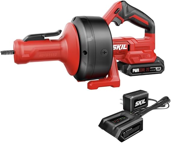SKIL PWR CORE 12/20V Cordless Power Snake Drain Cleaner Kit, Includes 20V 2.0Ah Lithium Battery & 20V Charger - AU0225D-12