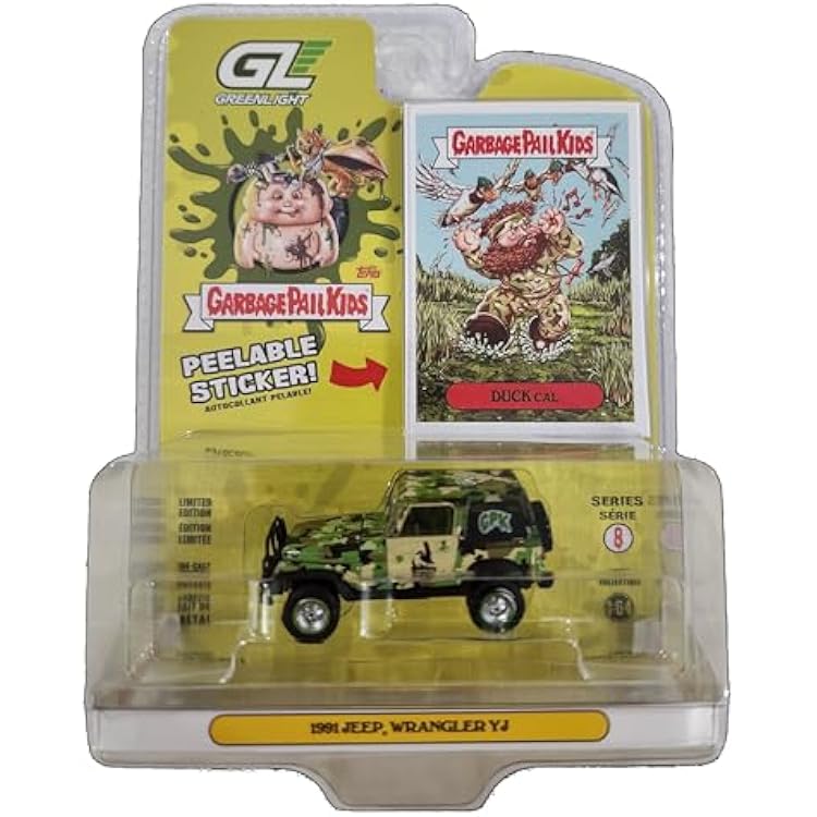 Greenlight Collectibles 54120-E | 1:64 Garbage Pail Kids Series 8-1991 Jeep YJ Duck Cal with Exclusive GPK Sticker
