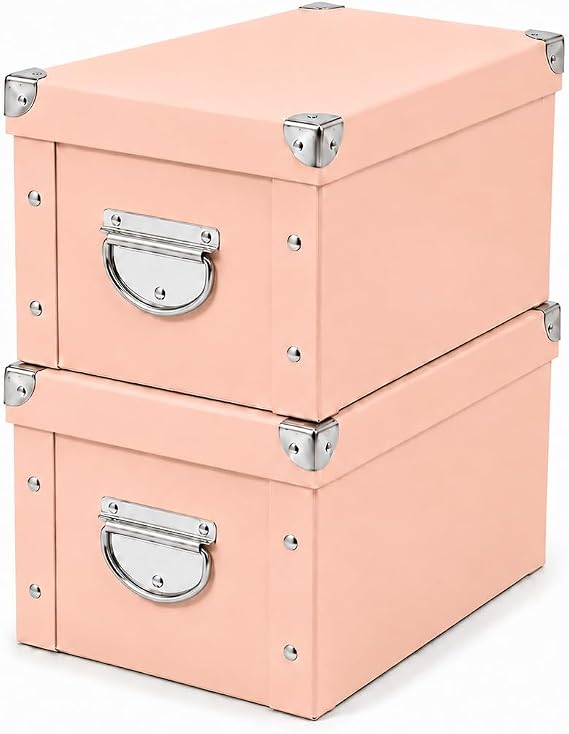 GUOZI Collapsible Storage Box, Decorative Memory Box with Lid & Metal Reinforced Corners, Cardboard File Bin Handles, Organizer Gift for Keepsake Toy Photos Office, 2pcs-pink, 35 * 25 * 17.5cm
