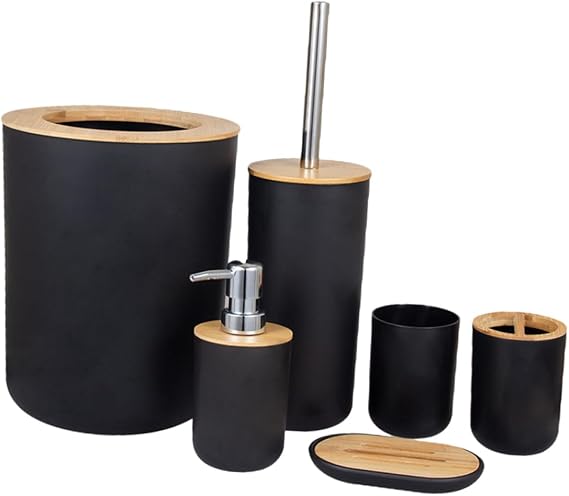 Zerodeko 6-Piece Bamboo Bathroom Accessories Set Toothbrush Holder Soap Dispenser Lotion Bottle Waste Bin Suitable for Modern Bathrooms