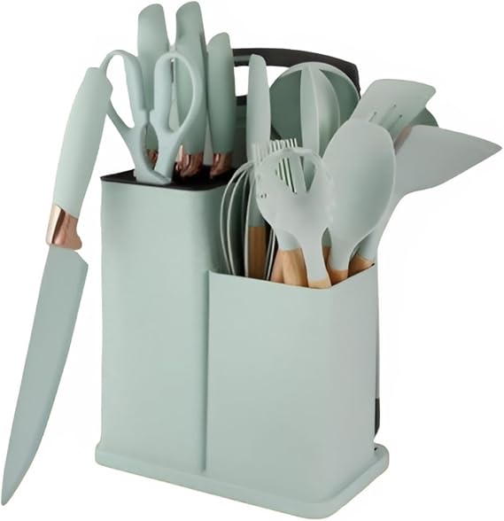 SV Home & Deco All-in-One 19-Piece Kitchen Utensils and Knife Set: 14 Cooking Utensils + 5 Essential Kitchen Knives for a Complete Culinary Experience (Light Green), SMALL, N0516