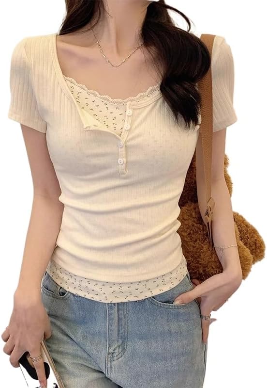 Women Coquette Clothes Y2K Cutecore Lace Trim Baby Tees Girly Aesthetic Floral T Shirts Fairycore Alternative Outfits
