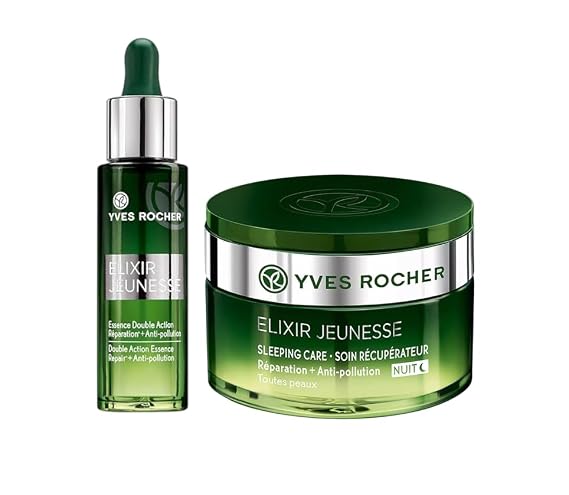 Yves Rocher Elixir Jeunesse Sleeping Care Repair Anti-pollution Night Cream Double Action Essence Reparation Serum All skin Types Set of 2-50 ml./1.7 fl.oz. 30 ml./1 fl.oz.