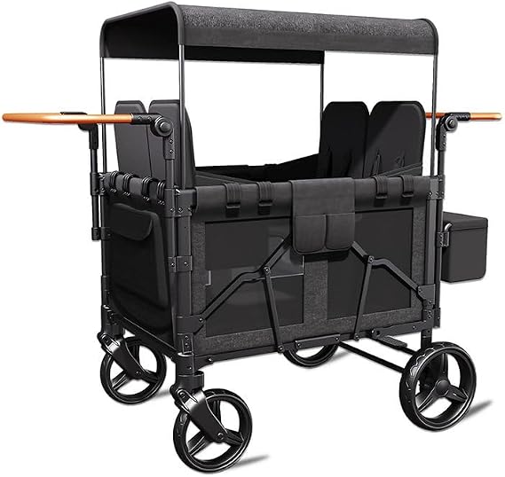 Stroller Wagon for 4 Kids from 0-6 Old,Utility Cart with Side Pockets,Cart with 4 High Seat and Wheels,Foldable Double Push Bar Wagon Stroller for Garden Beach Camping Black