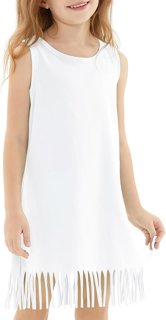 Noomelfish Girls Sleeveless Fringe Dress Cotton Summer Casual Sundress (3-12 Years)