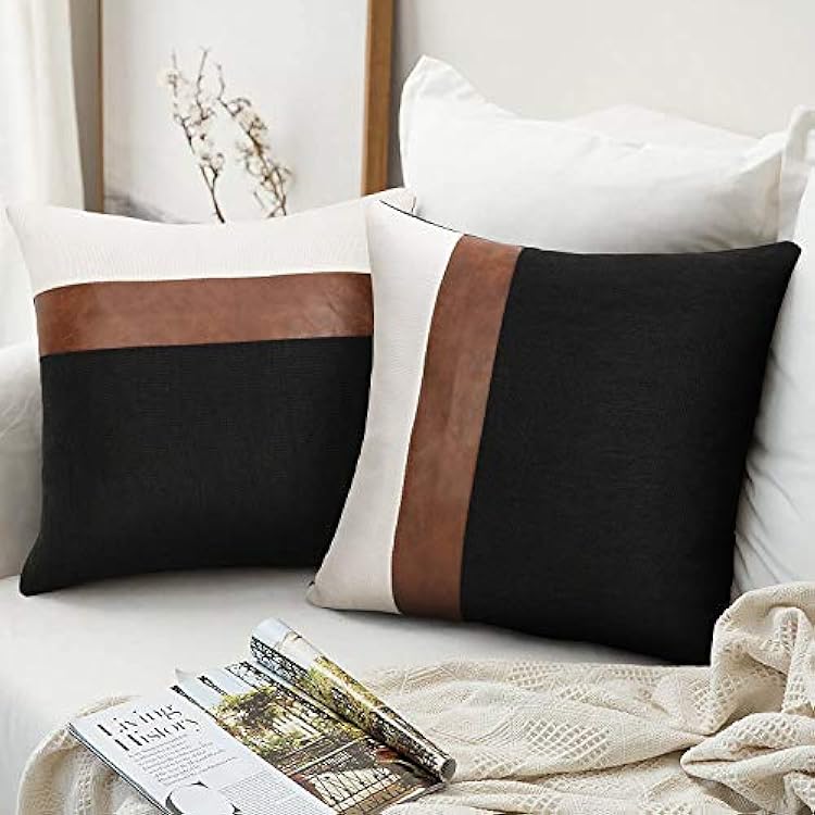 cygnus Set of 2 Faux Leather and Linen Throw Pillow Covers 18x18 Inch Black and White Modern Decorative Accent Cover for Couch Sofa, Black
