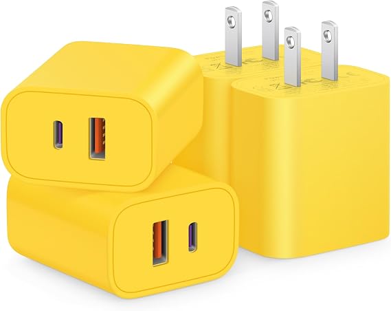 [4 Pack] USB C Charger Block Fast Charging Multiport Adpater [PD 20W USB-C & QC 3.0 USB-A Port] for iPhone 17/16/15/14/13/12/11/X/8, iPad, Galaxy, Google & More [Yellow]