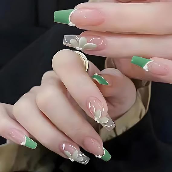 RikView Medium Press on Coffin Fake Nails - French Tips, Green, Glossy Full Cover for Women - 24 PCs/Set