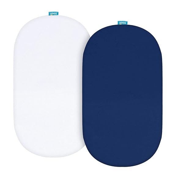 Bassinet Sheets Fit for Rectangle, Hourglass or Oval Bassinet Mattress | Universal Fitted Sheet for Various Bassinet Mattress, Unisex Baby Bassinet Sheets for Baby Boy Girl, 2 Pack(White & Navy)