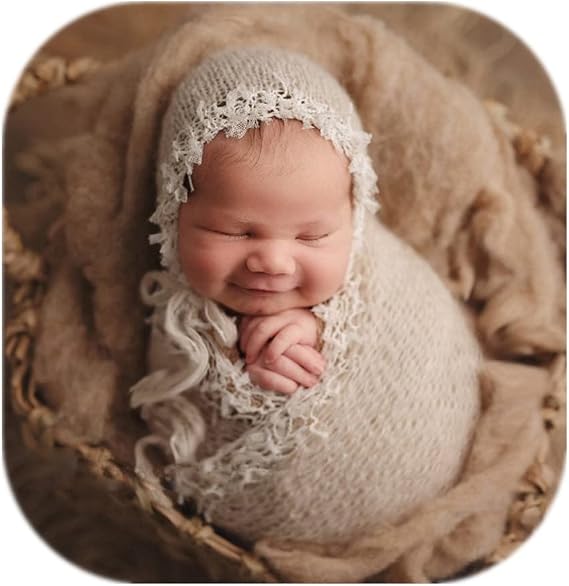 Newborn Photography Props Lace Trim Hat Wrap Props(Creamy-White)