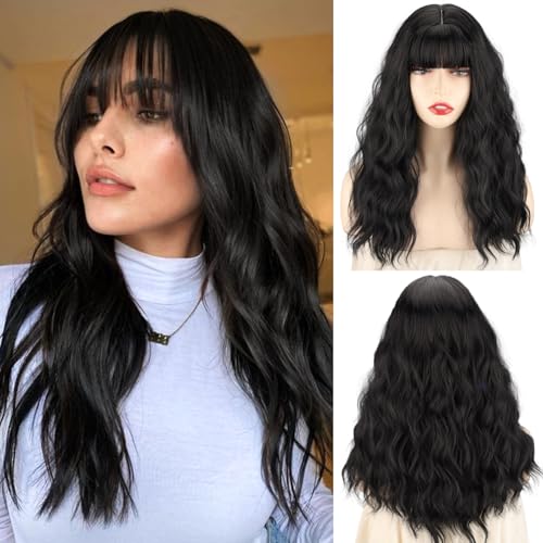 Xinran Black Wig with Bangs 18 Inch Medium Length Wavy Wig for Women Synthetic Natural Heat Resistant Long Black Wig for Halloween Daily Party Use
