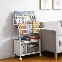 Modern Rolling Bookcase, 5 Tiers Metal Bookshelf Display Organizer Rack with Storage Cabinet and Clear Flip Door for Home Office School White
