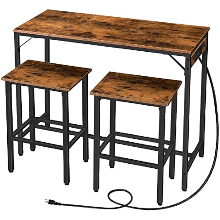 HOOBRO Bar Table and Chairs Set, 39.4 Dining Table Set with Power Outlet, 3-Piece Pub Table Set, Kitchen Bar Height Table with Stools of 2, Space Saving for Living Room, Rustic Brown BF45UBT01