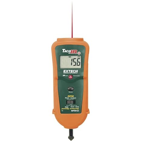 Extech RPM10 Combination Tachometer with Infrared Thermometer | Photo 10-99999 and contact 0.5-20000 RPM, IR temp -4 to 600F, surface speed, 99999-count LCD, wheel, tape, case